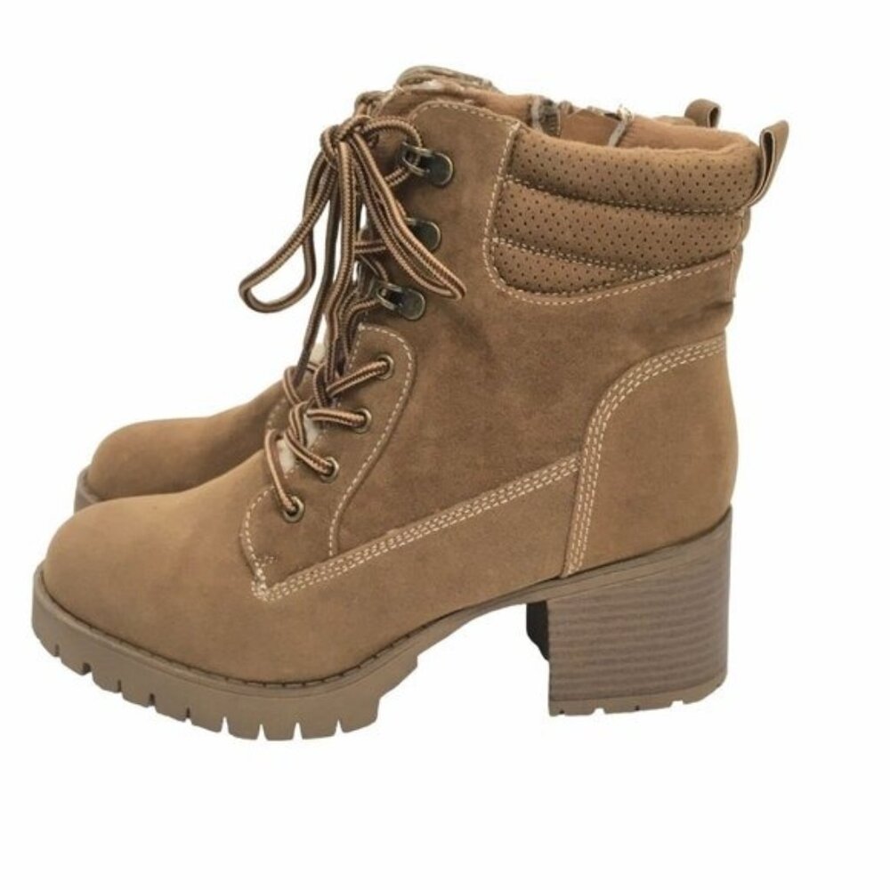 Chunky Heeled Boots Y2K 90s Lug Sole Women 7.5 M Lace Up Shearling Accent Zipper - Picture 2 of 14